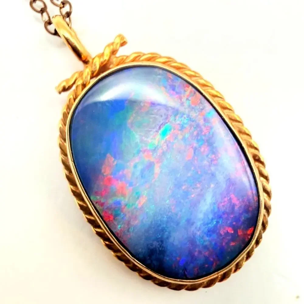 Vtg 9K Gold Australian Opal Doublet Pendant Necklace Twisted Rope 15.8ct - 19" - Picture 3 of 9